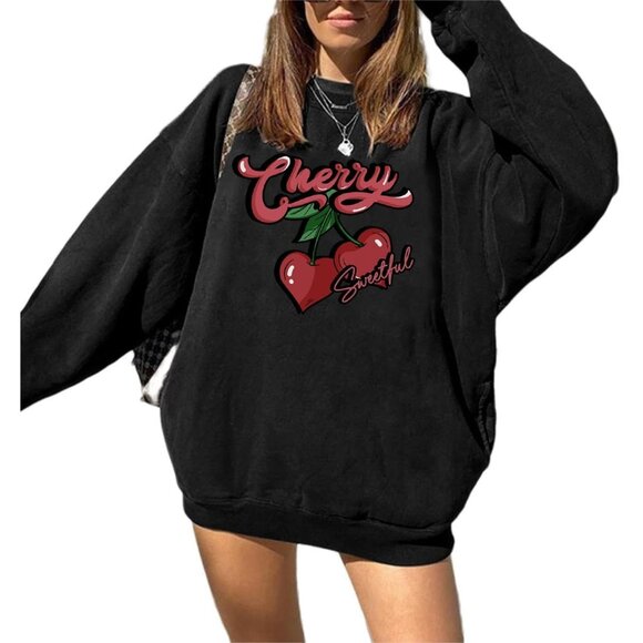 ⚡Women Black Cherry Imported Graphic Crewneck Long Sleeve Pullover Sweatshirt - Picture 3 of 5